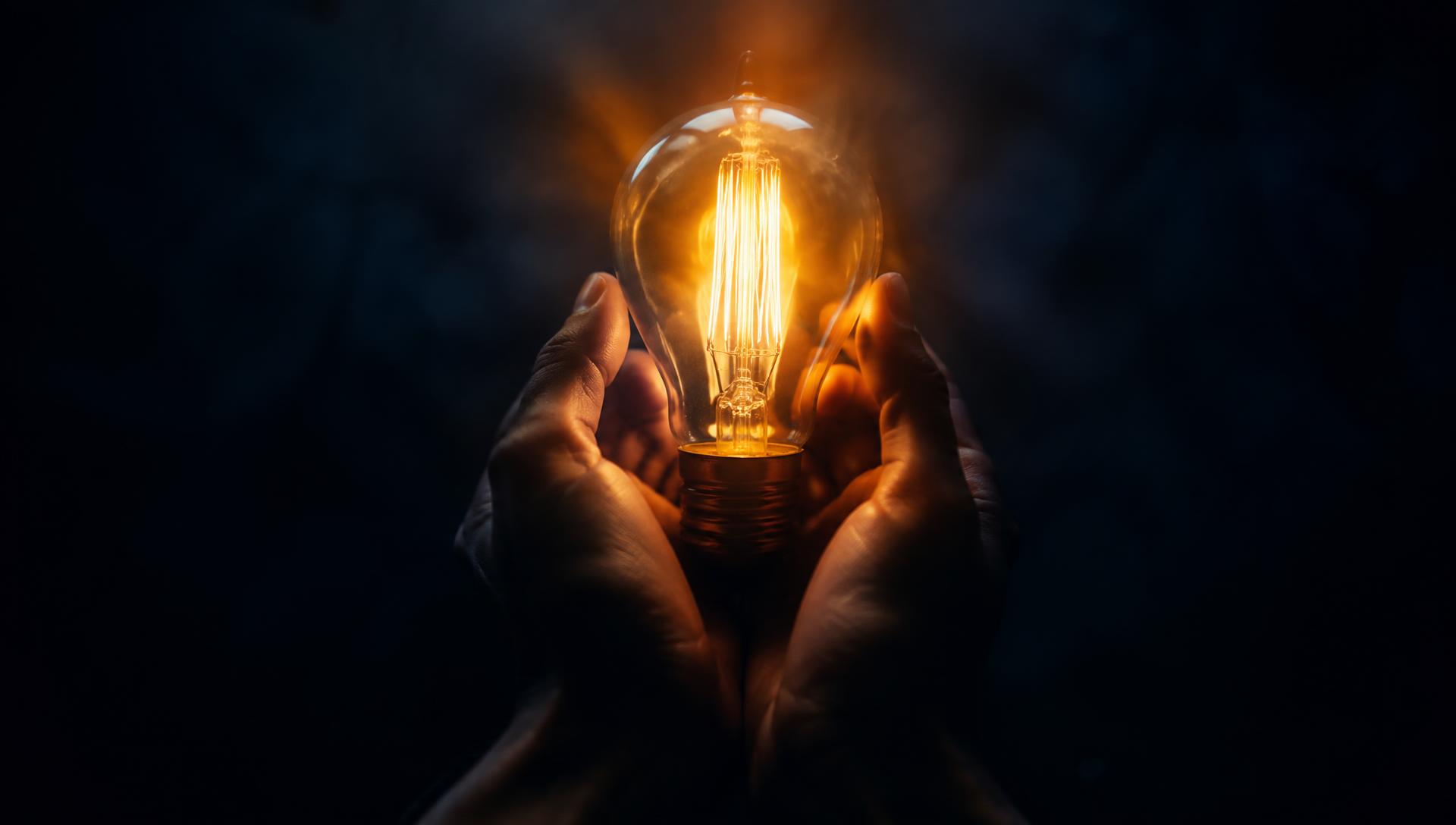 Hands holding a glowing light bulb